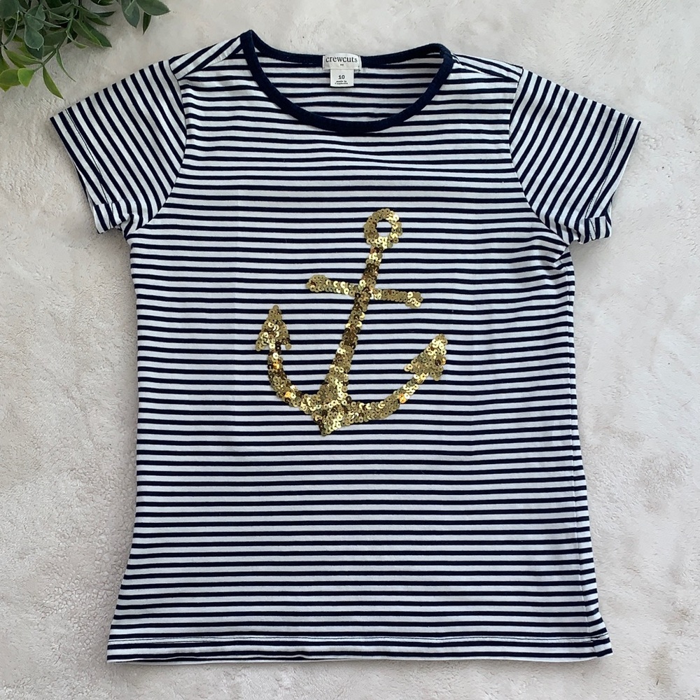 Crewcuts White Navy Striped Anchor Top 10 EUC Gold Sequins
